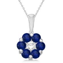 Flower Diamond and Blue Sapphire Pendant Necklace 14k White Gold 1.40ctw