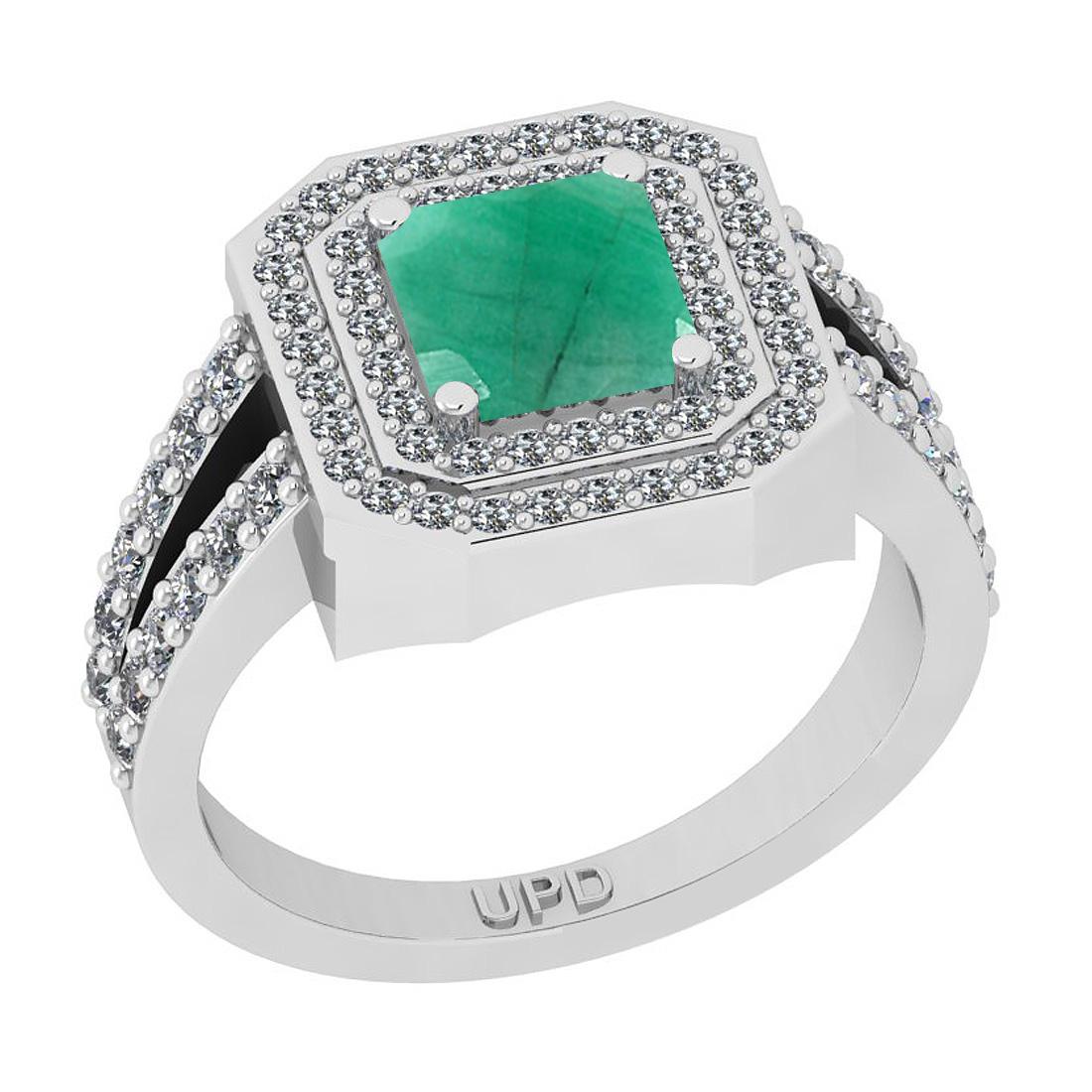 1.74 Ctw SI2/I1 Emerald And Diamond 14K White Gold 2 Row Halo Engagement Ring