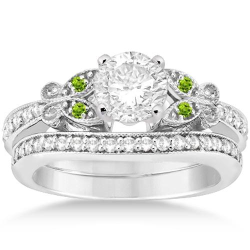 Butterfly Diamond and Peridot Bridal Set 14k White Gold 1.12 ctw