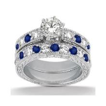 Antique style Diamond and Blue Sapphire Bridal Set 14k White Gold 1.80ctw