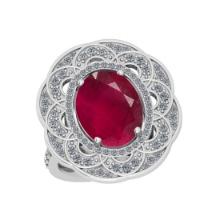 6.36 CtwSI2/I1 Ruby And Diamond 14K White Gold Vintage Style Ring