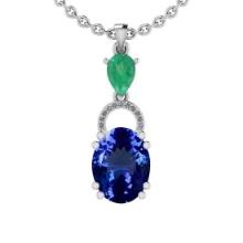 Certified 5.36 Ctw VS/SI1 Tanzanite,Emerald And Diamond 14K White Gold Vintage Style Necklace