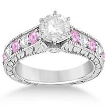 Vintage Style Diamond and Pink Sapphire Engagement Ring in 14k W Gold 2.41ctw