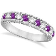 Diamond and Amethyst Band Filigree Design Ring 14k White Gold 0.60ctw