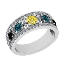 1.67 Ctw I2/I3 Multi Treated Fancy Blue,Black,Yellow And White Diamond 18K White Gold Wedding Band R