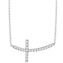 Diamond Sideways Curved Cross Pendant Necklace 14k White Gold 0.75 ctw