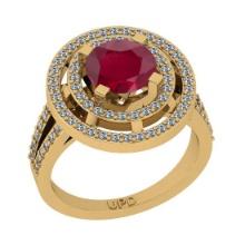 2.10 Ctw SI2/I1 Ruby And Diamond 14K Yellow Gold 2 Row Engagement Halo Ring