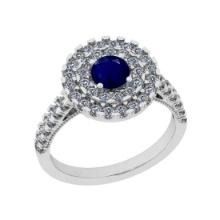 1.30 Ctw SI2/I1 Blue Sapphire And Diamond 14K White Gold two Row Engagement Halo Ring