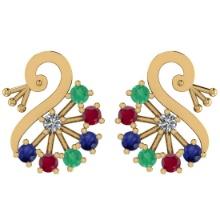 Certified 0.95 Ctw Emerald, Ruby, Sapphire And Diamond I1/I2 14K Yellow Gold Stud Earrings