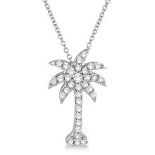 Palm Tree Shaped Diamond Pendant Necklace 14k White Gold 1/4ctw