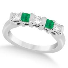 5 Stone Diamond and Green Emerald Princess Ring 14K White Gold 1.00 ctw