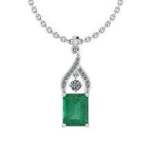 Certified 3.20 Ctw Emerald and Diamond I2/I3 14K White Gold Victorian Style Pendant Necklace