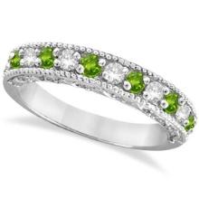 Diamond and Peridot Band Filigree Design Ring 14k White Gold 0.60ctw