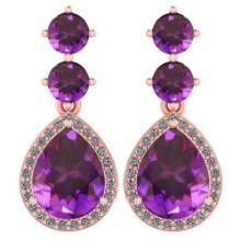 Certified 5.17 Ctw Amethyst And Diamond 14k Rose Gold Halo Dangling Earrings