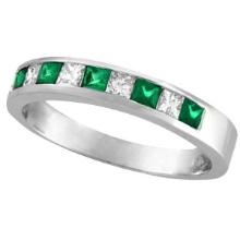 Princess-Cut Diamond and Emerald Ring Band 14k White Gold 0.73ctw