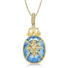 Blue Topaz and Diamond Byzantine Pendant Necklace 14k Yellow Gold 9.36ctw