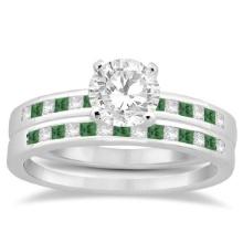 Princess Cut Diamond and Emerald Bridal Ring Set 14k White Gold 1.54ctw