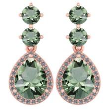 Certified 5.17 Ctw Green Amethyst And Diamond 14k Rose Gold Halo Dangling Earrings