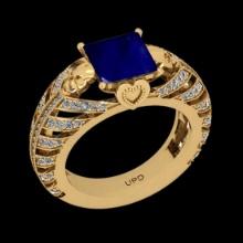2.76 Ctw VS/SI1 Blue Sapphire And Diamond Prong Set 14K Yellow Gold Skull Ring