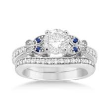 Butterfly Diamond and Blue Sapphire Bridal Set 14k White Gold 1.22ctw