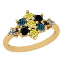 0.80 Ctw I2/I3 Multi Treated Fancy Blue,Black,Yellow And White Diamond 18K Yellow Gold Flower Ring