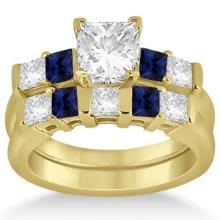 5 Stone Diamond and Blue Sapphire Bridal Set 18k Yellow Gold 1.02ctw