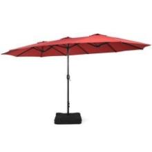 Costway 15 Ft. Double-Sided Twin Metal Market Patio Umbrella with Crank and Base - Red Wine