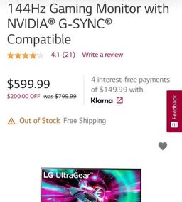 LG 32" UltraGear UHD 1ms 144Hz Gaming Monitor With NVIDIA G-SYNC