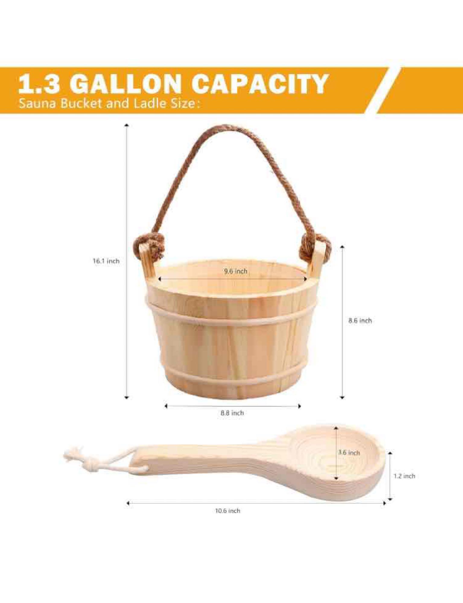 Sauna Bucket and Ladle 5 Liter (1.3 Gallon), Sauna Bucket, Finnish Pine Wooden Spa Accessories with