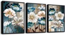 SERIMINO Large Black Framed Canvas Wall Art for Living Room Blue Floral Picture