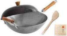 JOYCE CHEN Classic Series 14-Inch Uncoated Carbon Steel Wok Set with Lid and Birch Handles