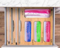 Bamboo Ziploc Bag Organizer with Dual Dispensers and Cutters - Kitchen and Home Organization Tool