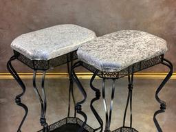 (2) Ornate Metal Padded Upholstered Stools