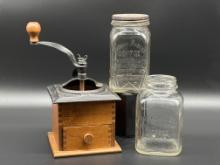 Coffee Grinder and Two Glass Coffee Canisters