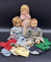 (3) Vintage Composition Baby Dolls and Doll Clothes