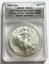 2011-S American Silver Eagle Anacs MS70 25th Anniversary