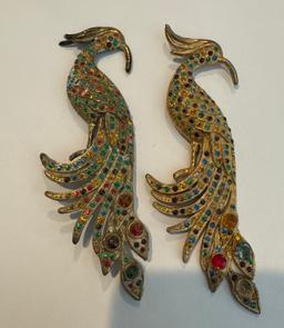 PAIR OF ANTIQUE ART DECO RHINESTONE PEACOCK BROOCH