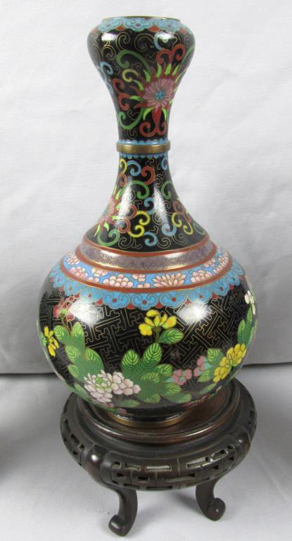 (2) Cloisonne Vases, (1) Cloisonne Ginger Jar, & (2) Wood Stands - Zone: LR