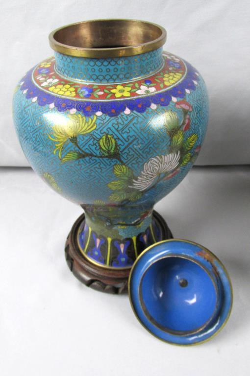 (2) Cloisonne Vases, (1) Cloisonne Ginger Jar, & (2) Wood Stands - Zone: LR