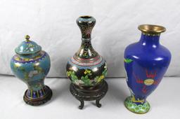 (2) Cloisonne Vases, (1) Cloisonne Ginger Jar, & (2) Wood Stands - Zone: LR