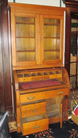 Antique Oak Secretary Roll Top Desk   - Zone: F