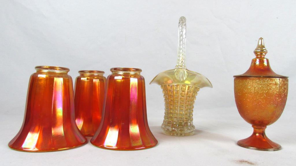 (3) Carnival Glass Lamp Shades, (1) Glass Basket, & (1) Glass Candy Jar - Zone: D