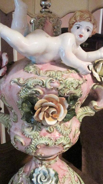 Ceramic Pink Floral Lamp with Cherub - Zone: BR1