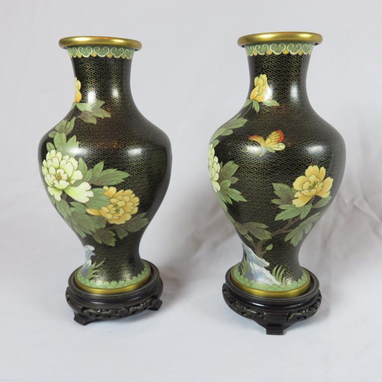 (2) Black & Floral Enamel & Brass Vases - Zone: LR