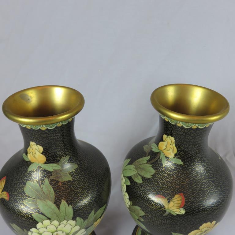 (2) Black & Floral Enamel & Brass Vases - Zone: LR
