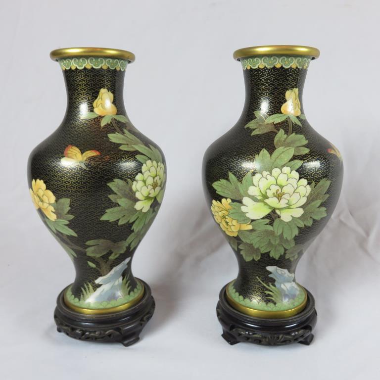 (2) Black & Floral Enamel & Brass Vases - Zone: LR