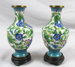 Pair Of Floral Cloisonne Vases On Wood Bases - BR2