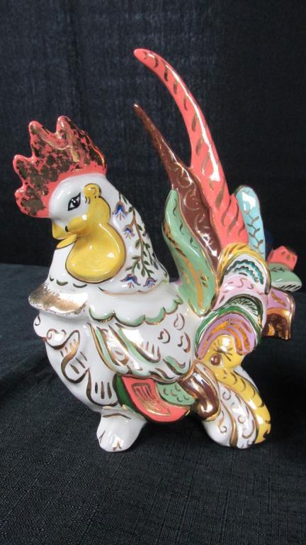 Pair Of Hand Painted Gold Trimmed Rooster & Hen - DR