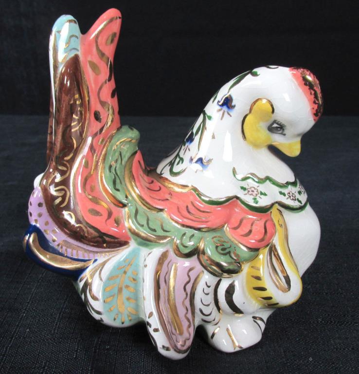 Pair Of Hand Painted Gold Trimmed Rooster & Hen - DR