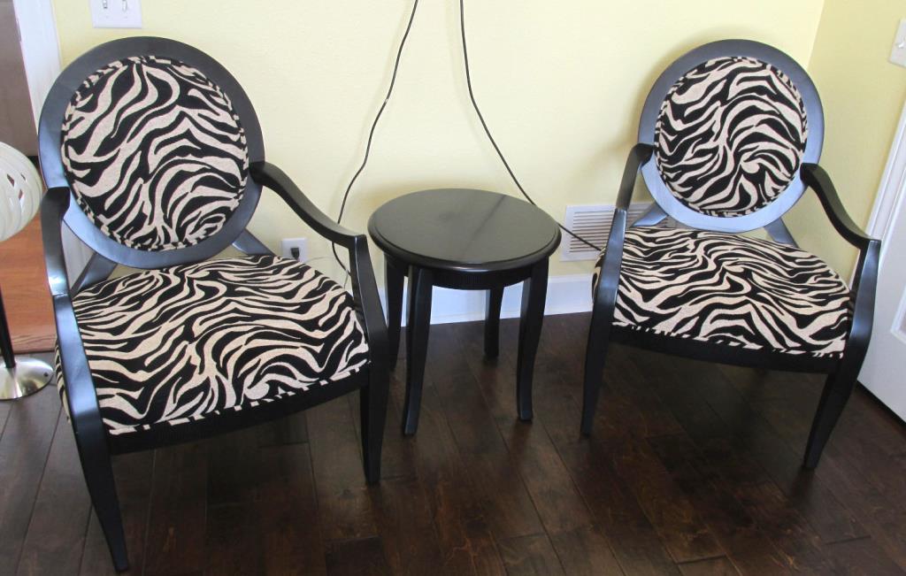 Pair Of Zebra Upholstered Chairs With Round Table